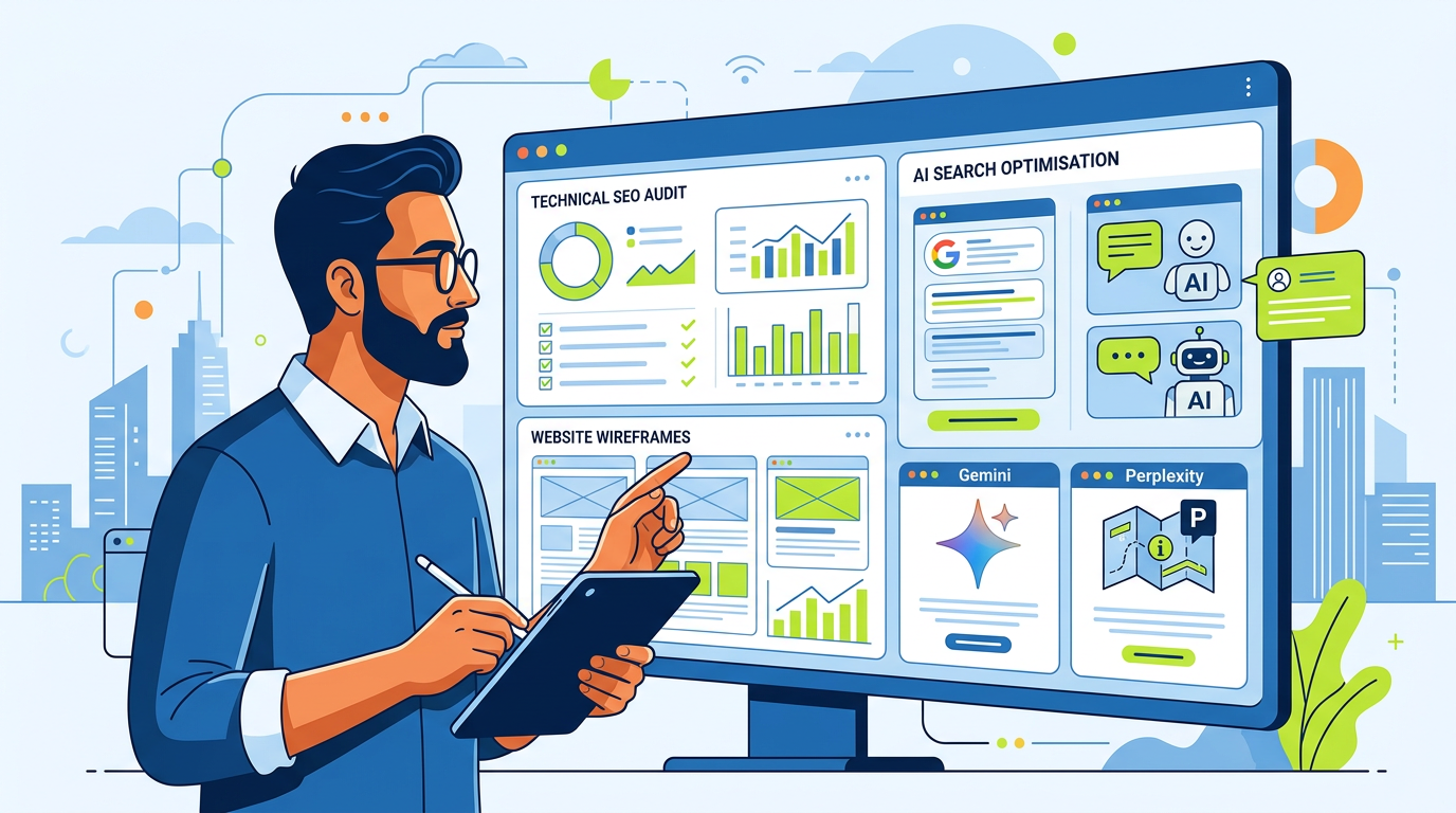 Overseas business owner reviewing AI search optimisation agency deliverables