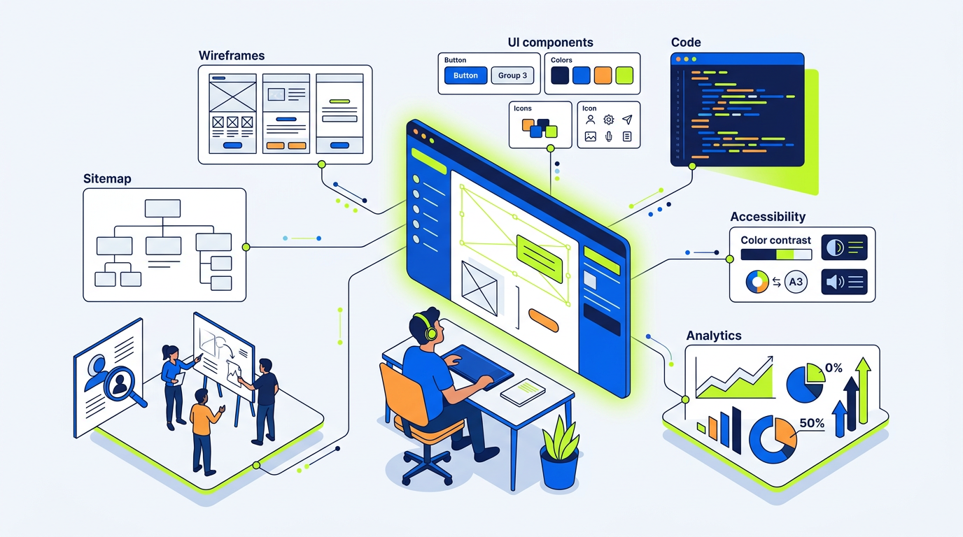 AI web design agency workflow showing research, wireframes, UI design, coding and optimisation tools