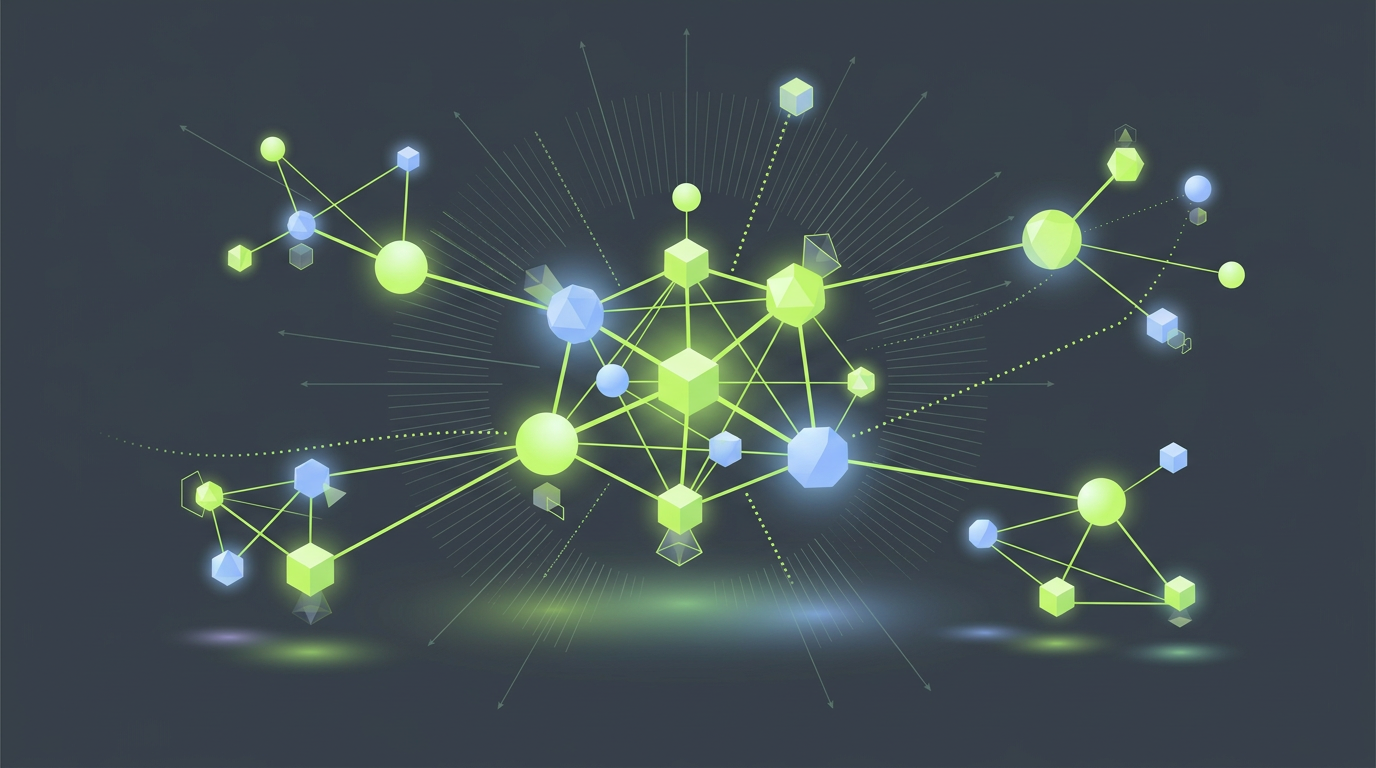 3D visualization of interconnected knowledge graph entities and AI citation network nodes
