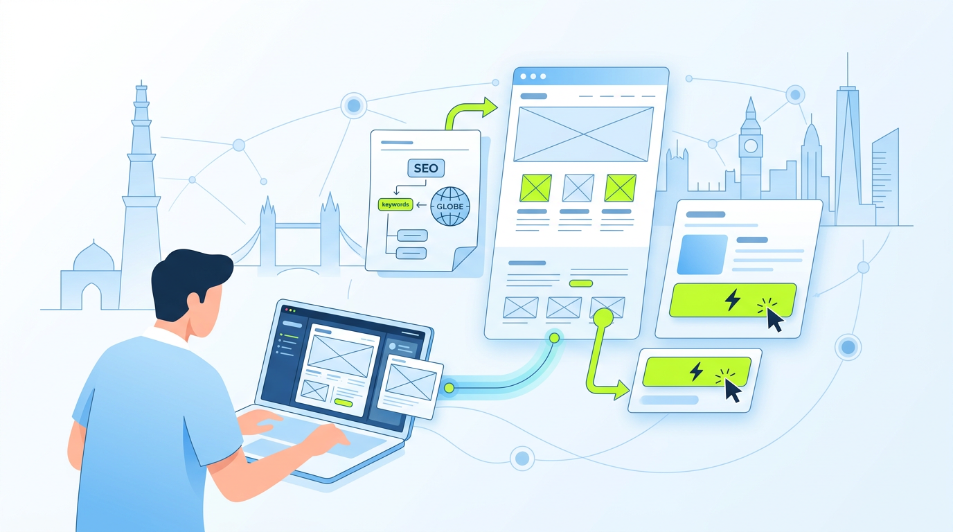 Designer reviewing offshore agency website mockups and SEO-ready page layouts on a laptop