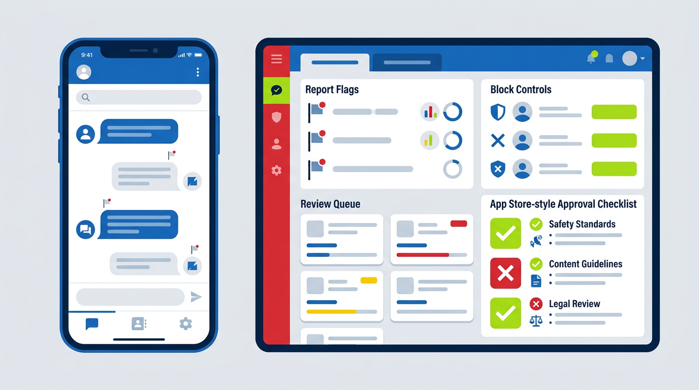 Mobile app moderation dashboard with reporting, blocking and content review controls